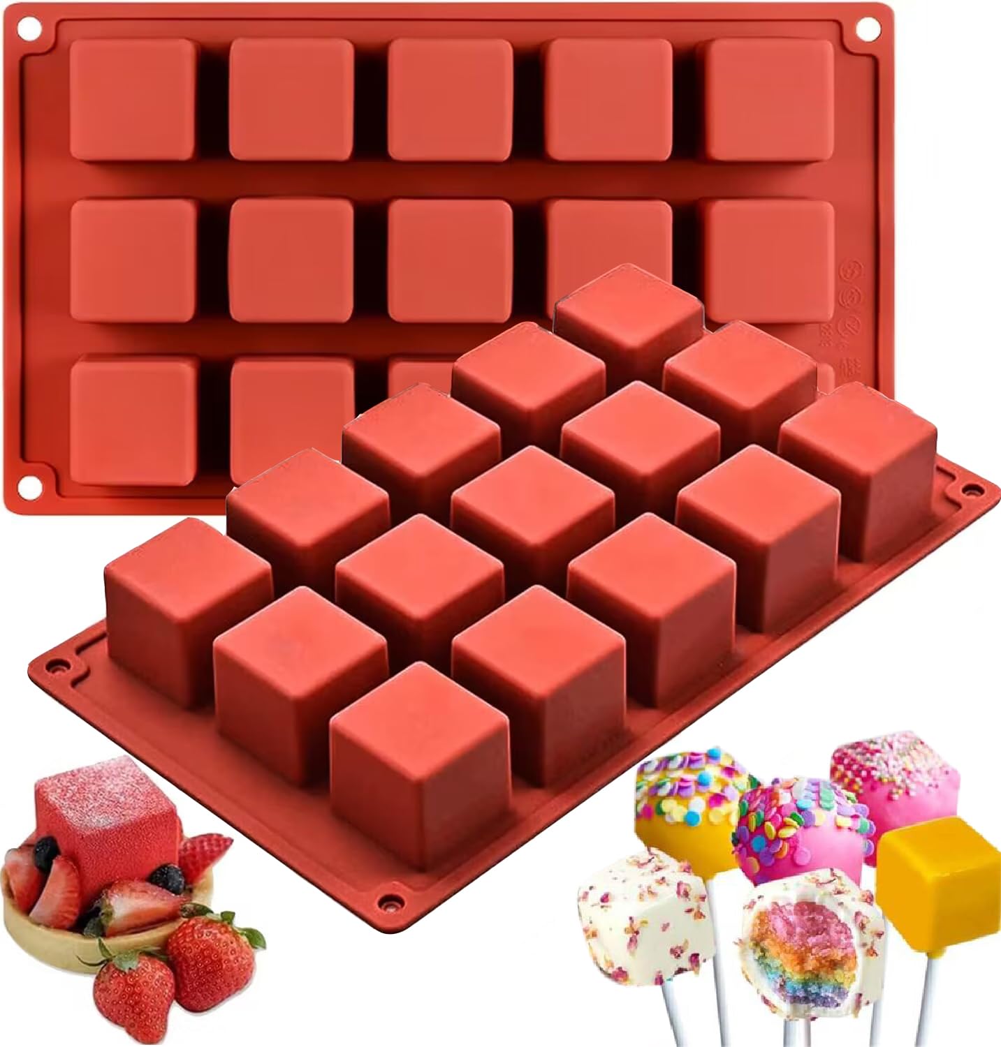 BREEZO2PCS Square Silicone Caramel Candy Mould, 15-Cavities Wax Melts Molds, Cake Baking Mold, Ice Cube Tray, Dessert Molds, Chocolate Truffles Mold for Chocolate, Candy, Cake, Candle, Jelly, Brownie