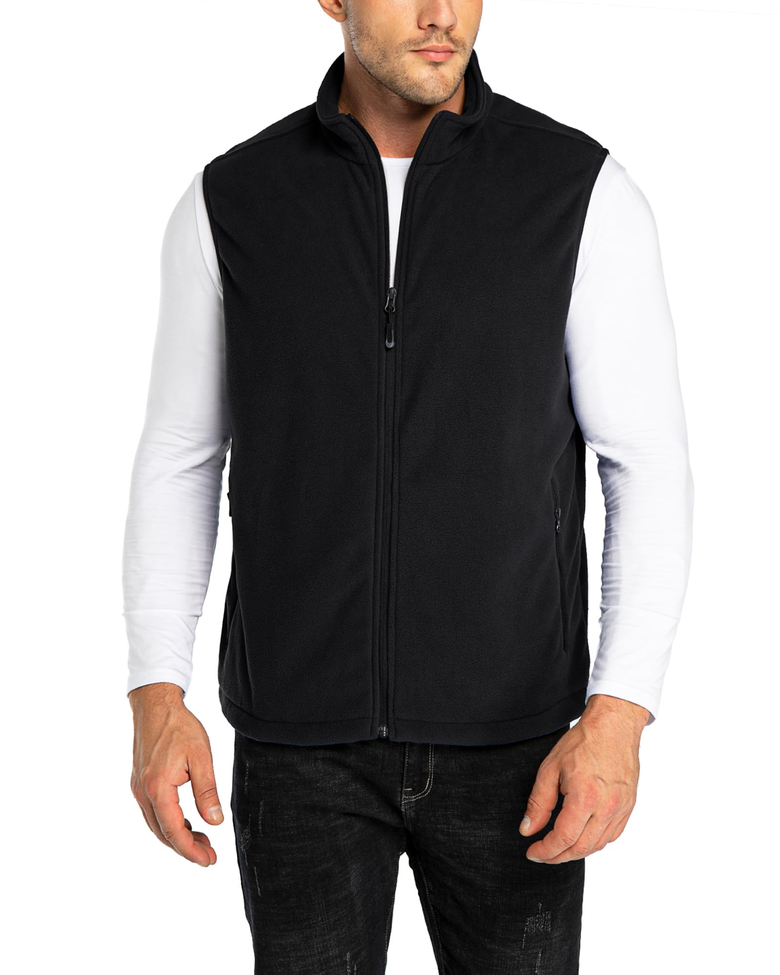 33,000ft Herren Fleece Weste Jacke Standkragen Ultraleicht Outdoor Ärmellose Fleecejacke Gilets Tops Fleeceweste Herren mit Taschen Reißverschluss (Schwarz,XL)