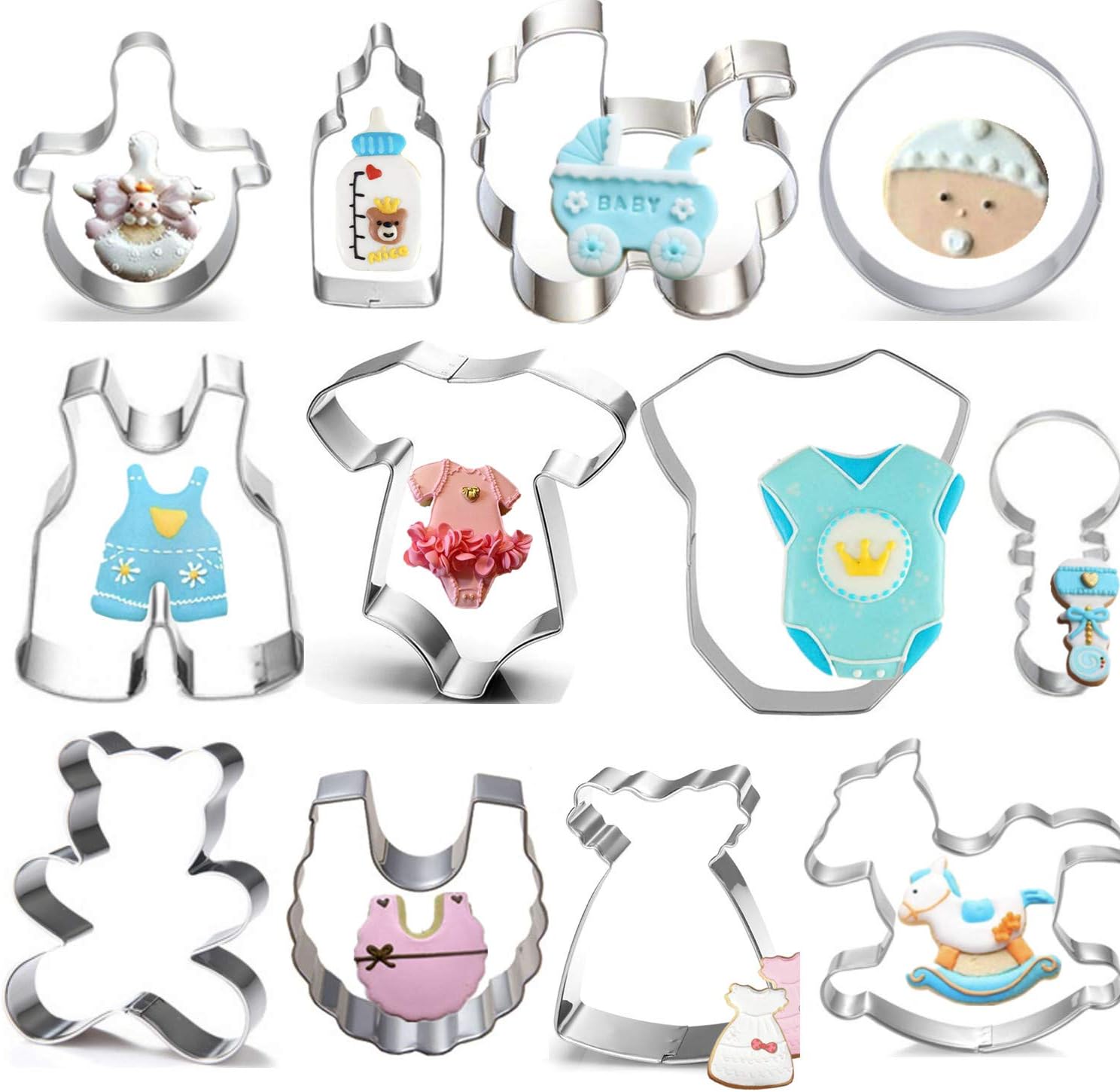 Shaped Cookie Cutter Set 12 Piece Cookie Cutters for Kids Teddy Bear,Onesies,Bib,Rattle,Bottle,Baby Carriage,Rocking Horse Fondant/Biscuit Cutters
