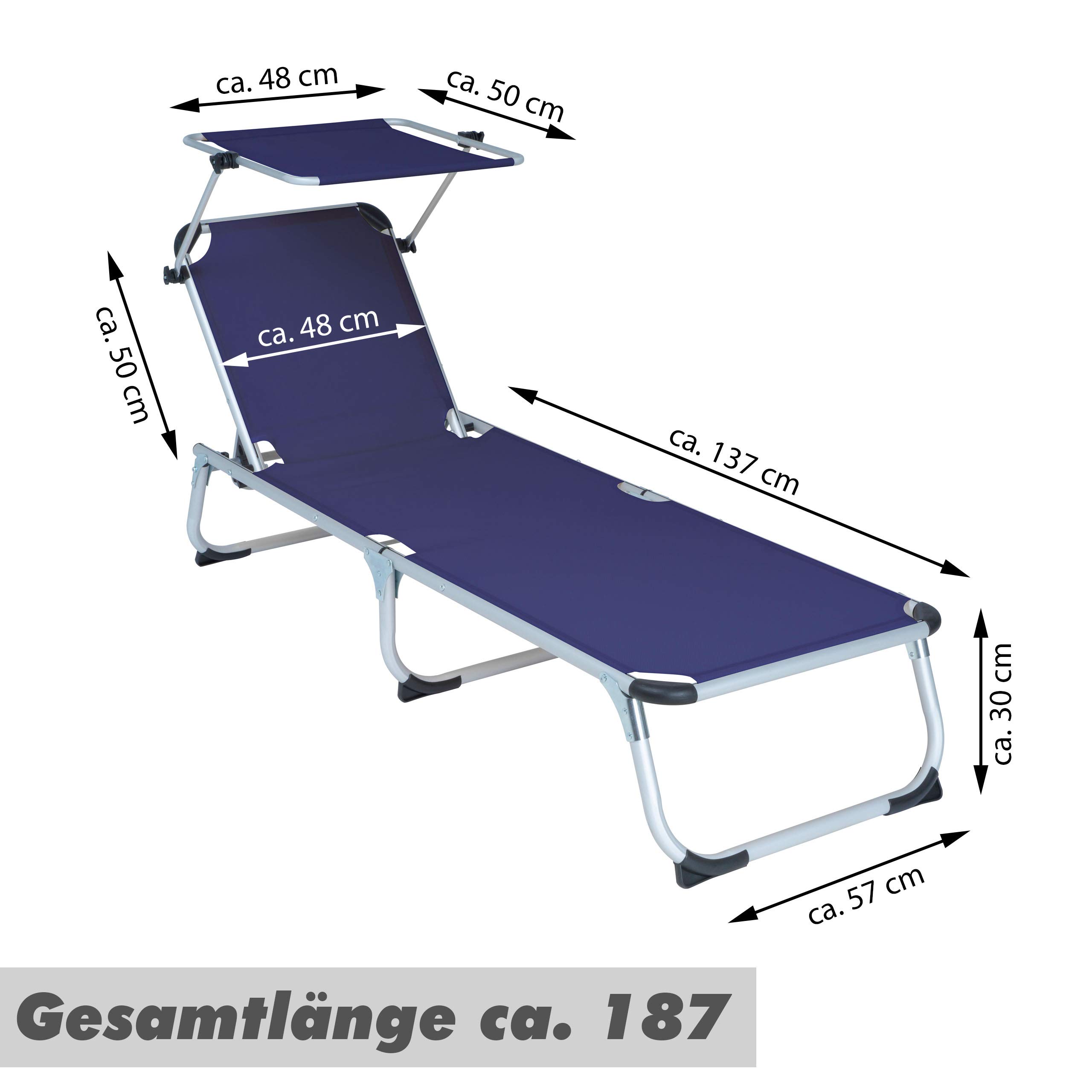 Divero Sonnenliege mit Dach blau 187x57x30 cm Keret klappbar 5fach verstellbar Gartenliege Aluminiumrahmen Dreibeinliege wetterfest robust