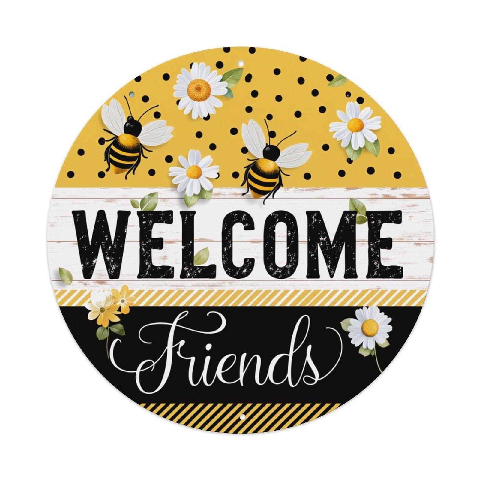 Bee Daisies Polka Dots Stripes Round Tin Sign Vintage Metal Poster, Home Bar Garage Man Cave Cafe Indoor & Outdoor Wall Decoration 8x8Inches