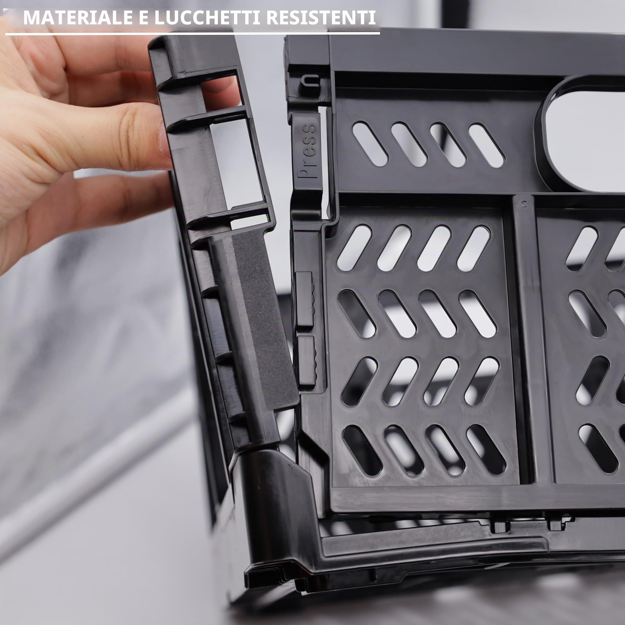 Confezione da 4 cassette portaoggetti in plastica, per casa, cucina, ufficio, 20 l, pieghevoli, per alimenti, frutta, verdura, snack, vestiti, giocattoli, dispensa, regali di Natale (nero)