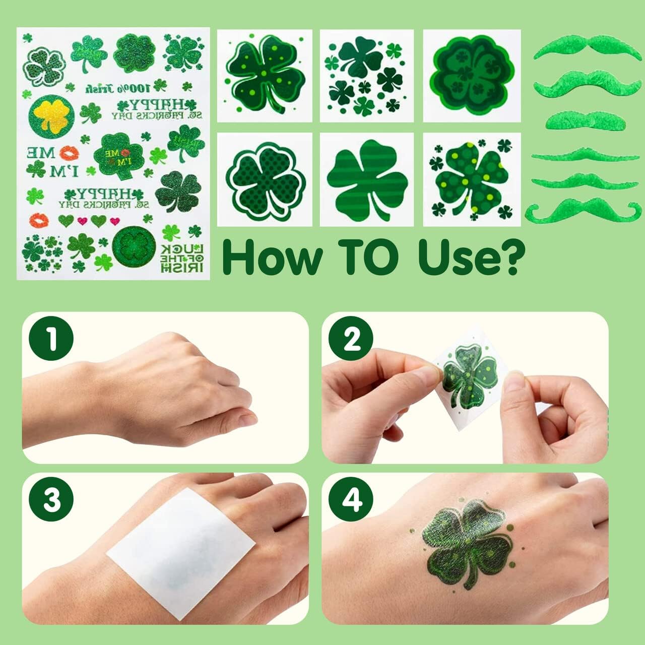 JOYIN 97PCS St. Patrick's Day Party Favor Accessories, 6 Serve Dressing-up Set, with Shamrock Hat Headband, Necklace, Bow Headband, Sequin Bow, Beards,Shamrock Tattoo,Sticker for Party Decoration