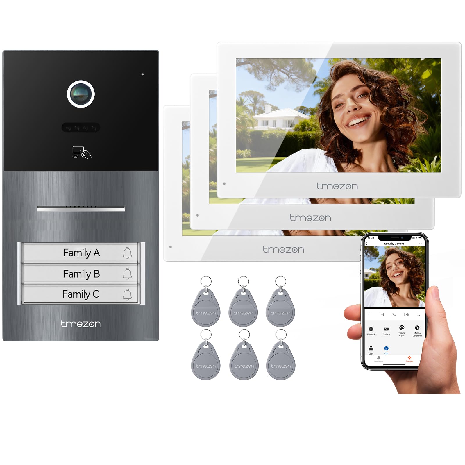 TMEZON WLAN Video Türsprechanlage 3-familienhaus, 7''IP Farb-Touchscreen mit 1080P Metalldoorbell, 2-Draht Installation,Zwei-Wege-Audio,Personenerkennung,3 Entsperrmethoden & App-Steuerung