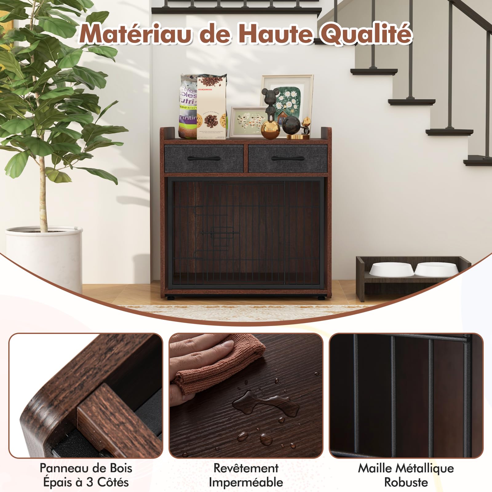 GYMAX Cage Chien Intérieur avec Rangement, Niche pour Animaux, avec 2 Tiroirs Amovibles, Porte Verrouillable, Repose-Pieds Réglables, Meuble Style Industriel, pour Animaux de Petite et Moyenne Taille