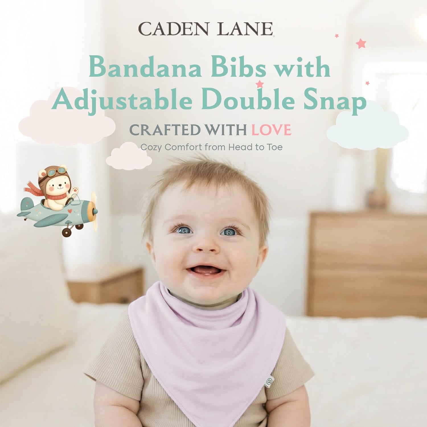 Caden Lane Bandana Bibs, Absorbent Baby Bib for Drooling, Feeding & Teething With Adjustable Double Snap Suitable for Newborns to Toddlers, Gender Neutral Gift for Baby Shower, 4 Pack, Purples