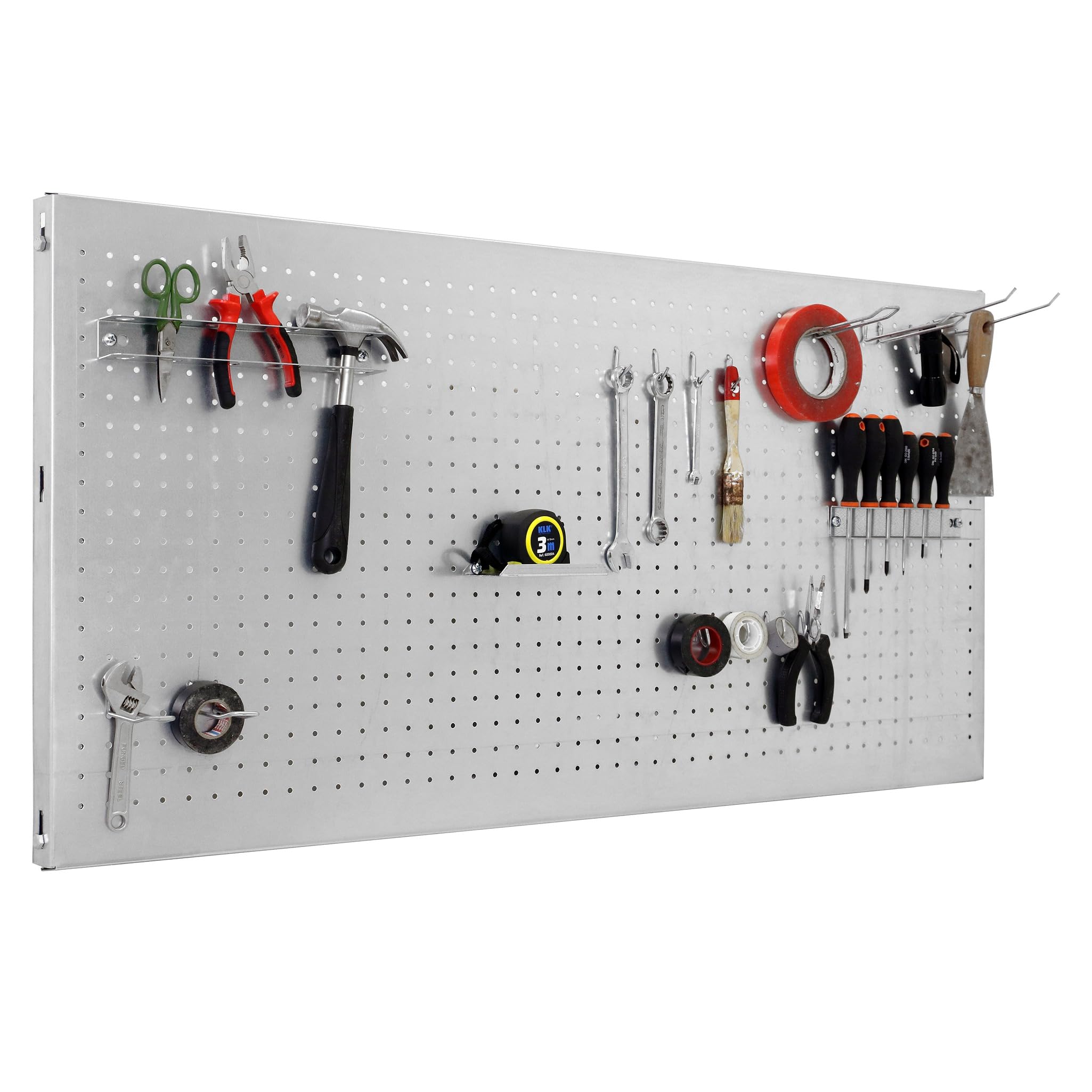 SimonRack Werkzeugwand, 17 teiliges Hakenset, 90x60x3,5 cm, Metall-Lochwand, Halterungen, Montagematerial, Galvanisiert - Simonwork | Enthält 17 Zubehörteile, Korrosionsschutzlackierung, ∅ 5 mm, Klicksystem-Montage, Verzinkt
