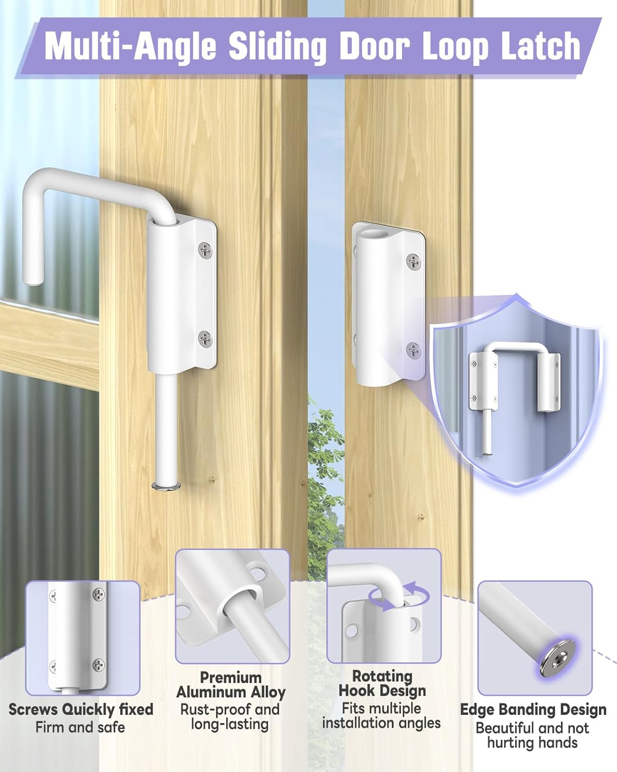 Multi-Angle Sliding Door Loop Lock, 90/180 Degree Aluminum Alloy Gate Latch for Single/Double Barn Door, Window, Closet, Fence, Patio, Shed - Home Security U-Bolt Lock (Black-4PCS)