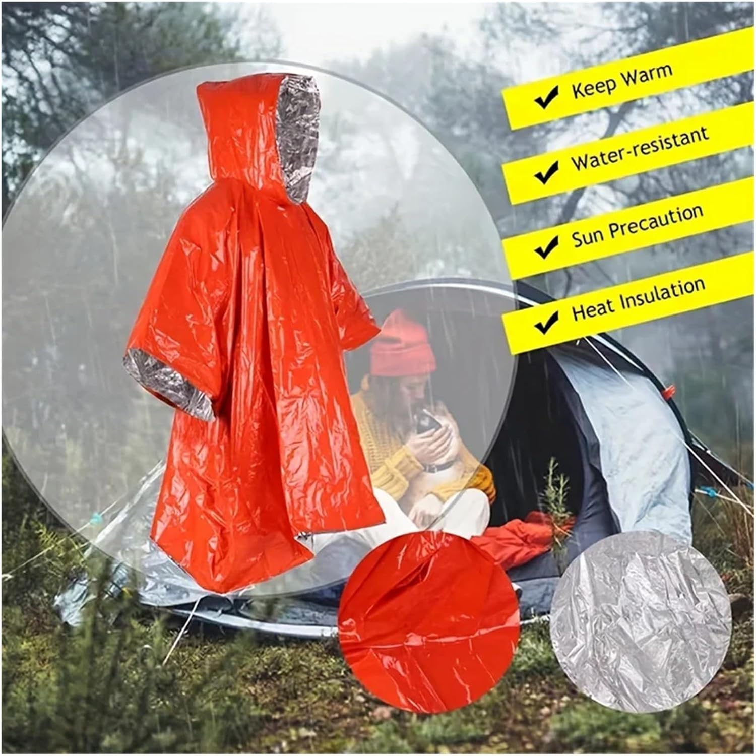 Rain Ponchos for Adults 4pc/set Heavy Duty Emergency Rain Poncho with Hood Reusable Thermal Blanket