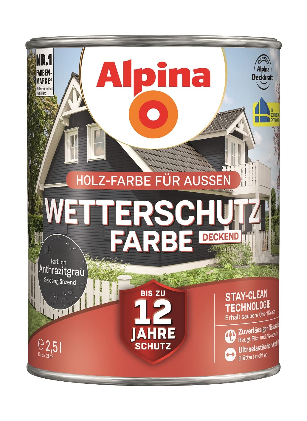 Alpina Holz-Wetterschutz-Farben – Anthtrazitgrau, deckend – bis zu 12 Jahre Schutz vor Witterung und Nässe – schmutzabweisend, deckend & ergiebig – 2,5 Liter