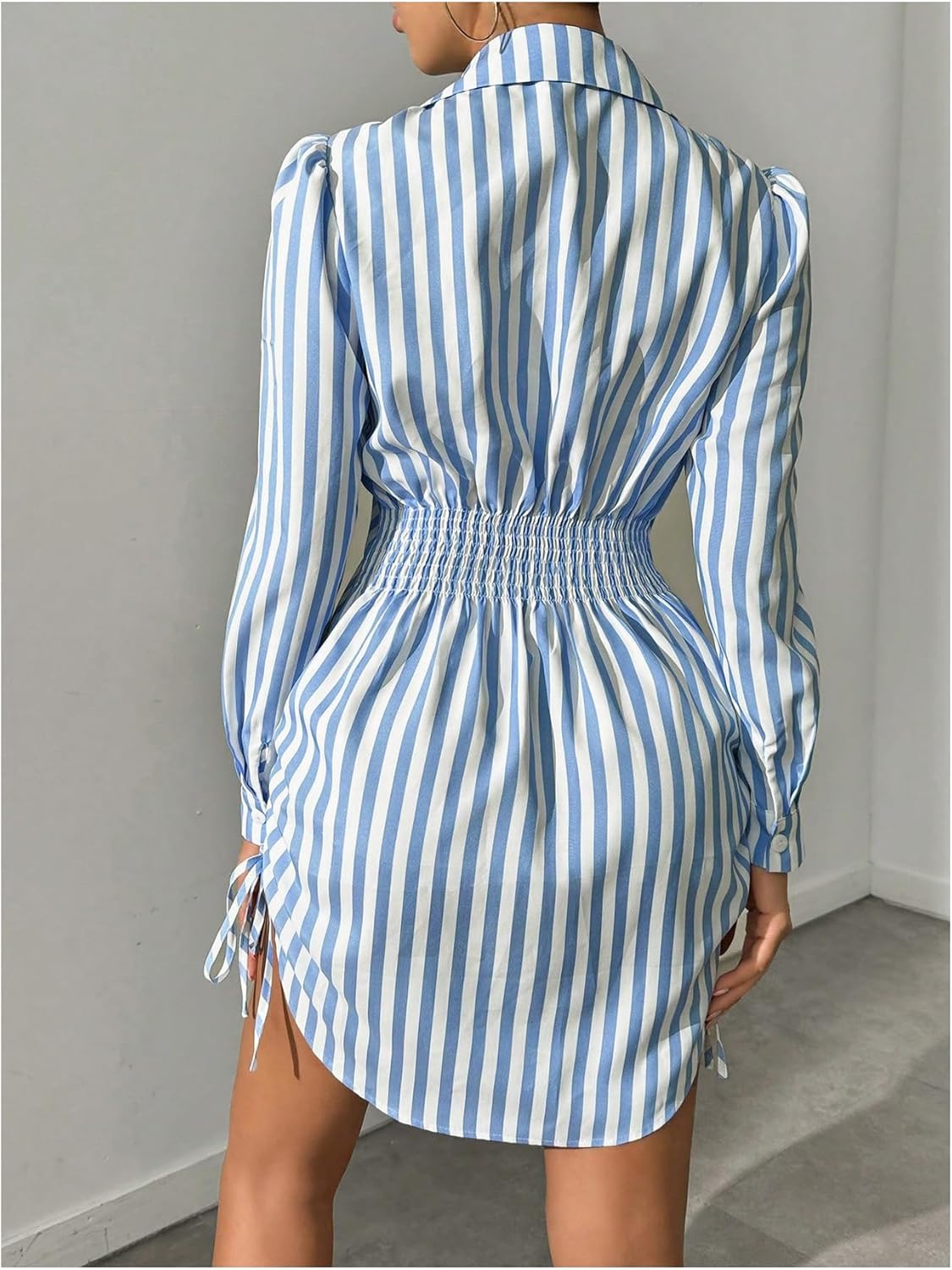Floerns Women's Striped Button Up Casual Dress Long Sleeve Drawstring Mini Dresses - Image 3