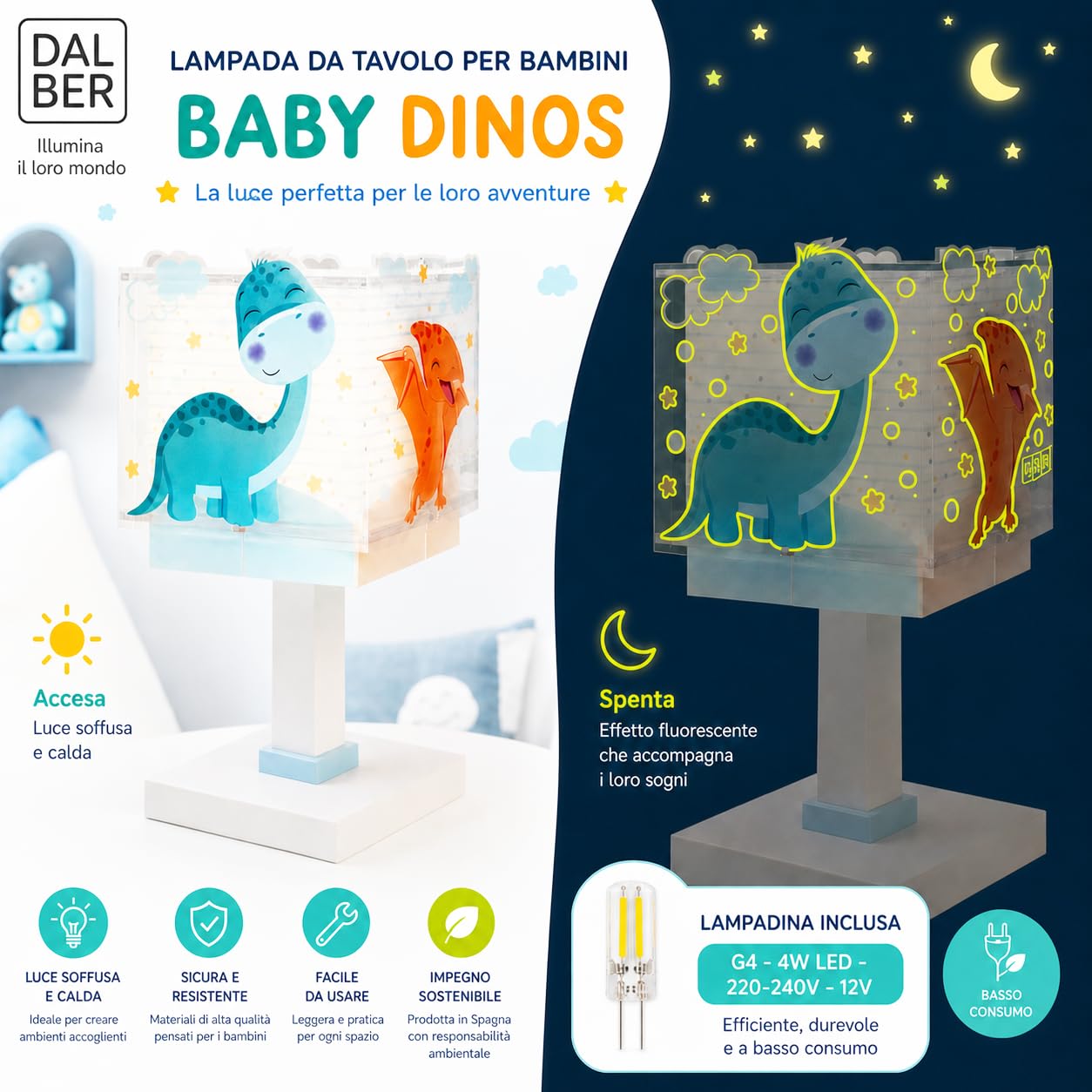 Dalber Lampada da tavolo o da comodino per bambini Baby Dinos Dinosaurs, 63451, G4 - LED 4W - Lampadina inclusa