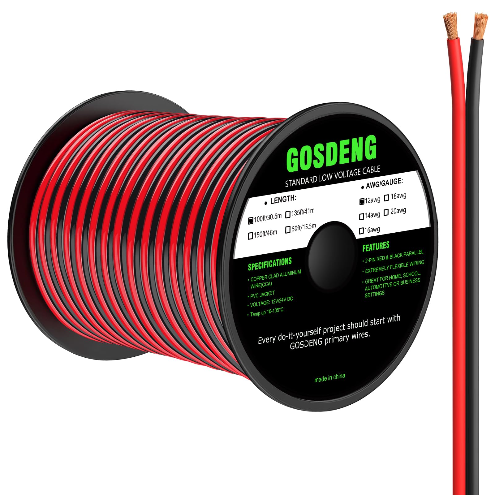 GOSDENG 12 Gauge Wire 100FT, 2 Conductors Electrical Wire Red and Black Cable, Low Voltage/PVC 12AWG Copper Clad Aluminum Extension Cord for Speaker,