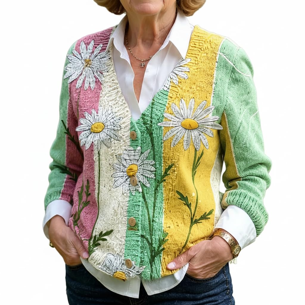 TIAFORD Womens Boho Knitted Cardigan Art Print V-Neck Button-Down Loose Casual Sweater for Daily Wear
