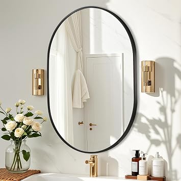 Black Oval Mirror, 17x30 Inch Oval Bathroom Mirrors for Over Sink | Pill Shaped Metal Frame Black Mirror, HD, Anti-Rust, Wall-Mounted Mirrors for Hallway,Living Room, Fireplace, Bedroom
