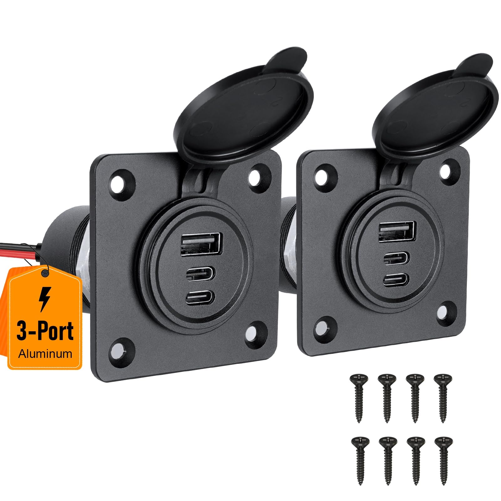 Presa USB 12V Camper Auto Tutto Alluminio 3 Porta 2Pcs | Tipo C PD3.0 & USB-A QC3.0 Caricatore Carica Rapida, Impermeabile per Roulotte Barca Camion