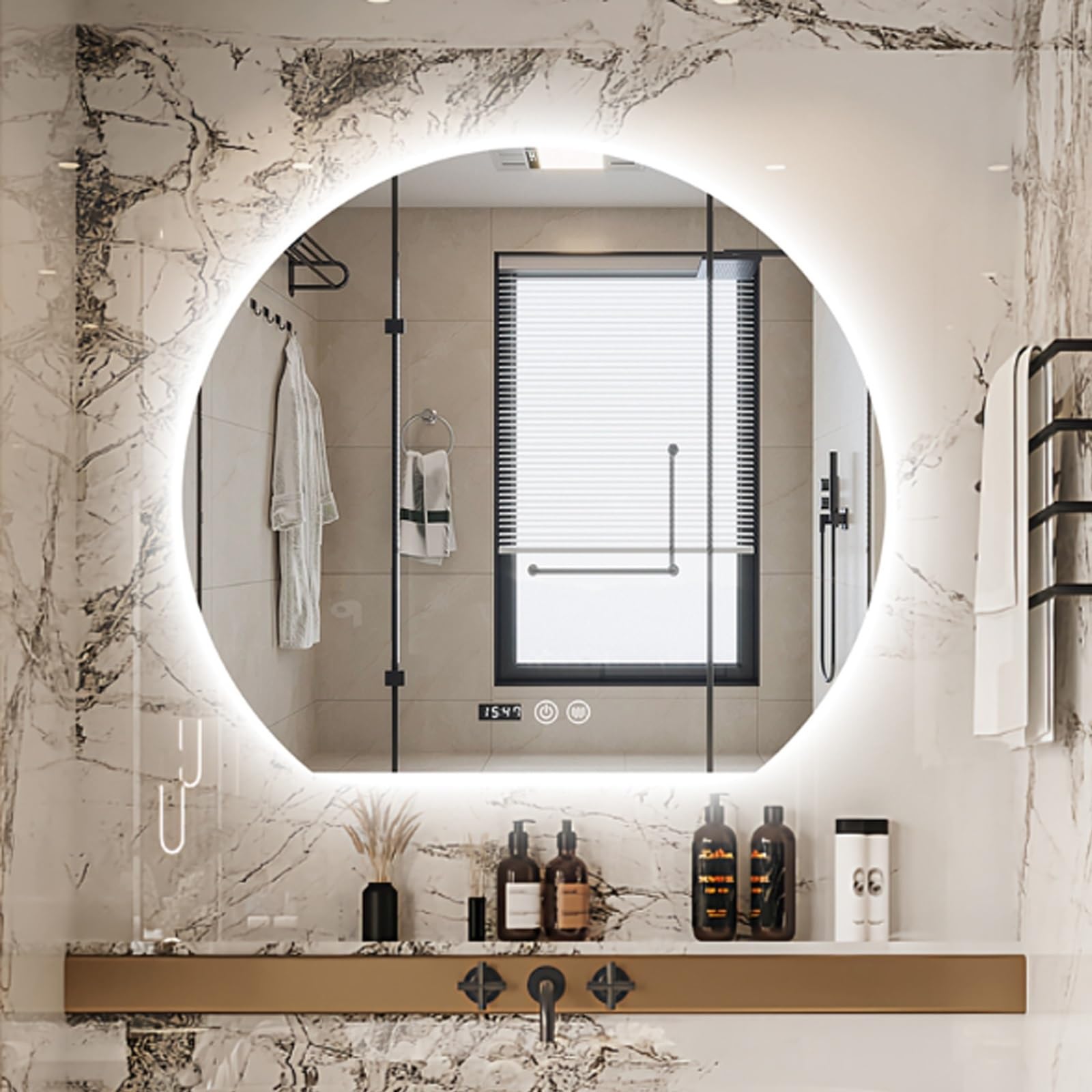 WJFTODAY Smart Bathroom LED Mirror - Modern Semicircle Design, Backlit & Anti-Fog, 3-Color Dimmable, Frameless Wall-Mounted Vanity Mirror with Time & Temperature Display
