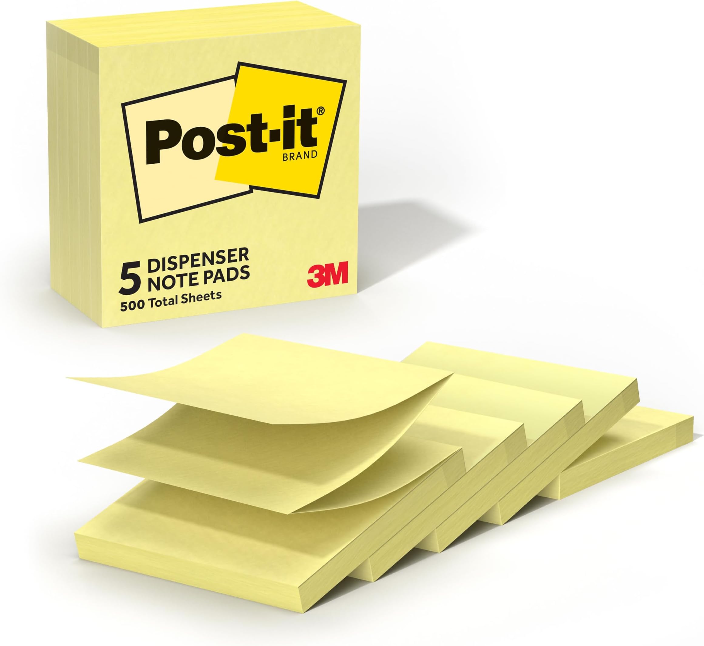 Dispenser Pop-up Notes, 3x3 in, 5 Pads, Canary Yellow, Clean Removal, Recyclable