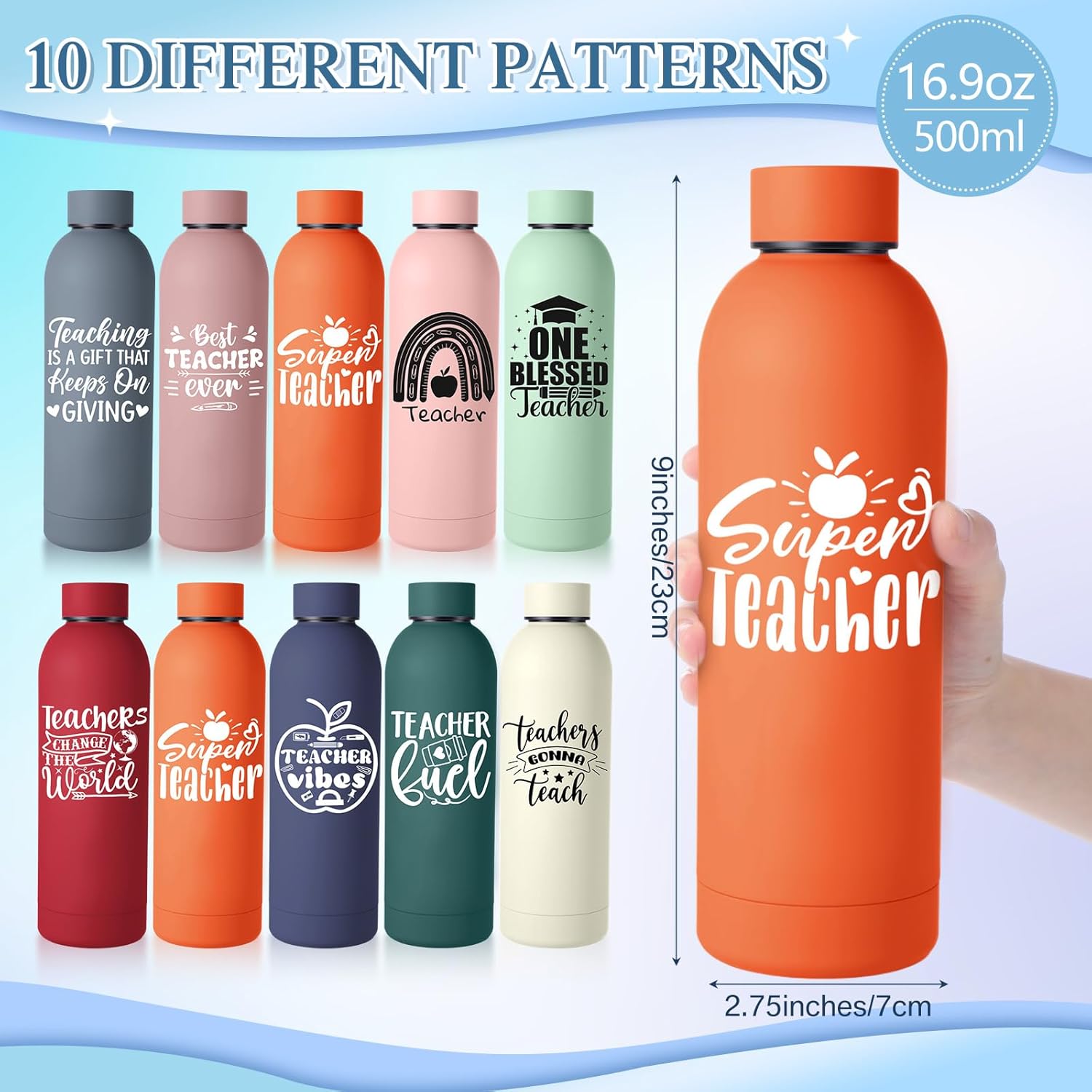 Teenyyou 10 Pcs Teacher Appreciation Gifts Bulk Thank You Gifts for Teachers 17 oz Stainless Steel Water Bottles Insulated Cups for Teachers Week Graduation End of Year Office (Fresh,10 Colors)