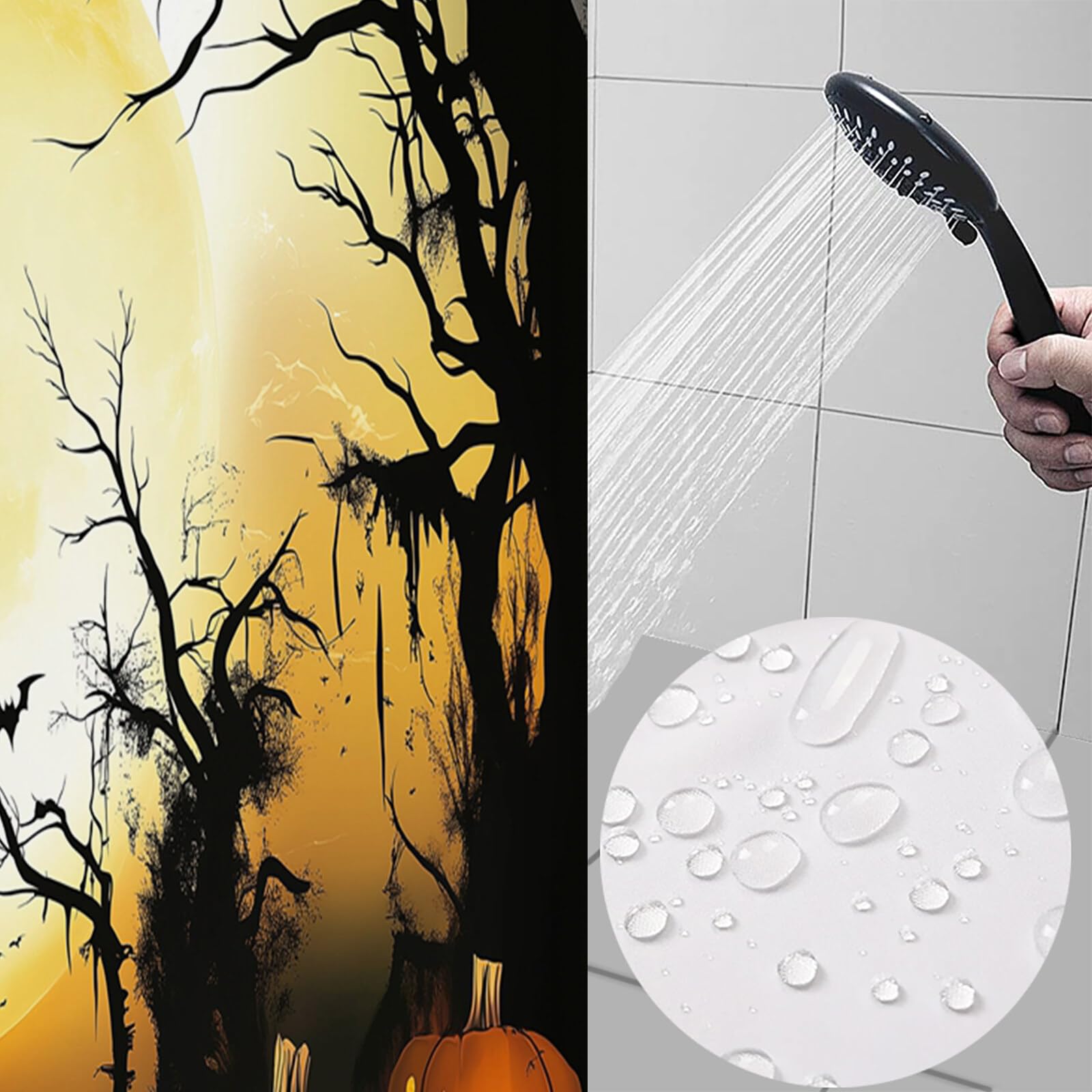 Duschvorhang Kürbis Beim Vollmond H240Xb200Cm | Waldlandschaft Halloween Wasserdichter Stoff Maschinenwaschbarer Badezimmervorhang Mit Haken