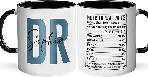 A62227 - Taza de regalo de graduación personalizada con datos nutricionales de doctorado, nombre personalizado y año para mujeres, regalos de nuevo