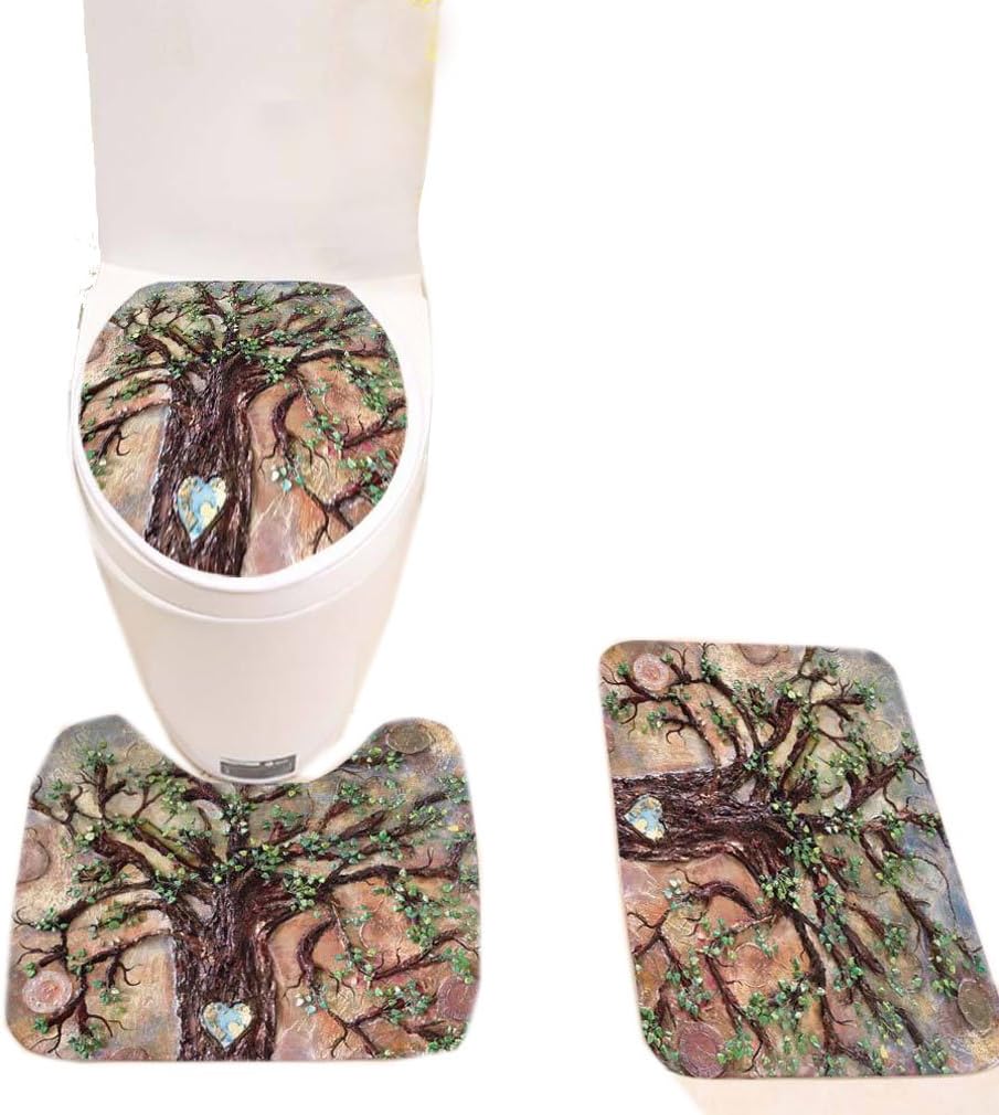 3PCS Bathroom Life Tree Print Anti-Skid Rug Toilet Cover U Shaped Mats (DD1002-7)