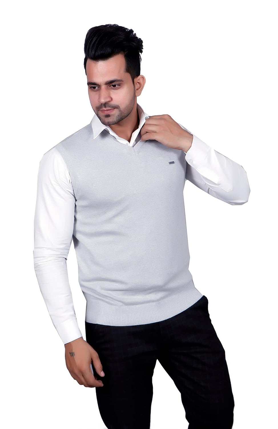 GODFREY Regular Fit V-Neck Grey Sleeveless Premium Cotton Mens Sweater 