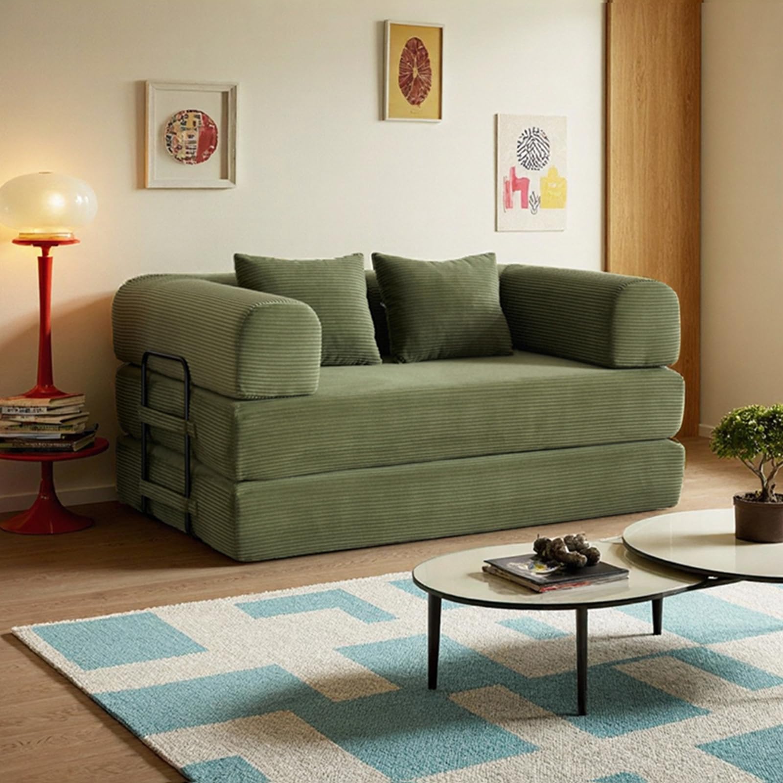 59in Boneless Couch Convertible Futon Sofa Bed Queen for Small Space | Corduroy Boneless Sleeper Sofa, Pull Out Modular Couch, Apartment Friendly for Study Room & Living Room, No Assembly | Green