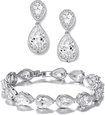 Bride Teardrop Earrings & Bracelet Wedding Jewelry Set, Cubic Zirconia Bridal Bridesmaid Party Formal Prom Gift