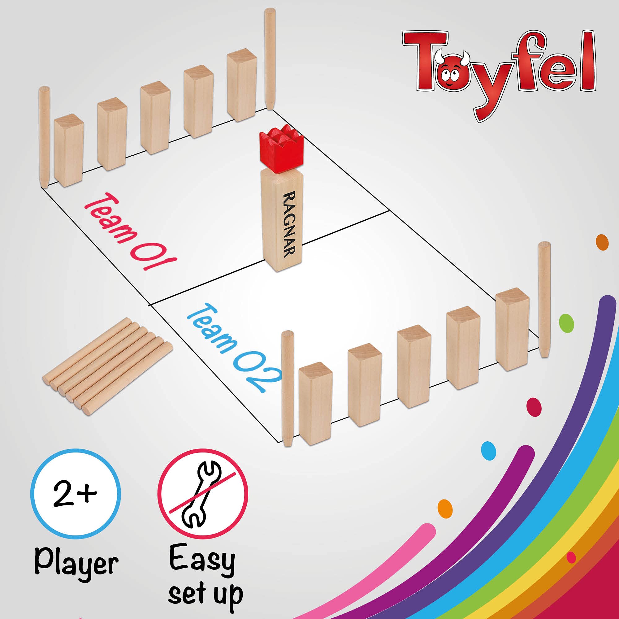 Toyfel Original Jeu de Kubb XXL en Bois Massif FSC® avec Sac de Transport & Mètre Ruban - Jeu Viking Extérieur - Quille Nordique – Ragnar