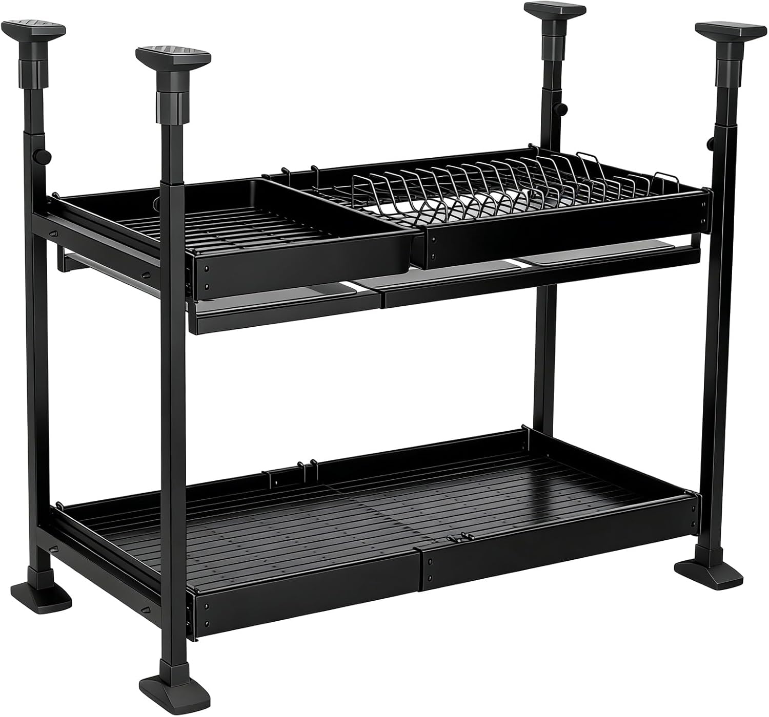 Heavy-Duty Under-Sink Storage Rack - Adjustable Carbon Steel Shelf with Drip Tray for Kitchen & Bathroom, Expandable Design (Black, 62-102 x 42 x 52-92cm)