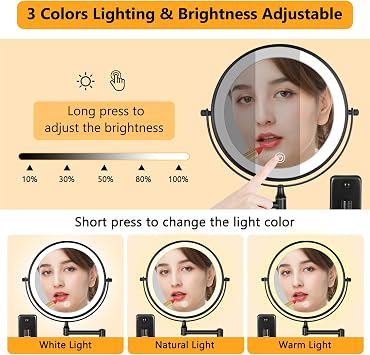 DECLUTTR Rechargeable Wall Mounted Lighted Makeup Mirror, 8 inch 10X Magnifying Mirror with 3 Color Lights, Dimmable Touch Screen Makeup Mirror with Lights for Bathroom, Black