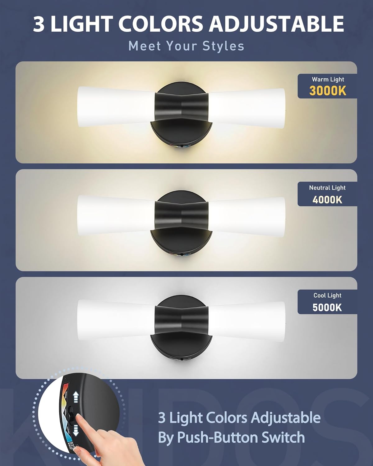 kudos Bathroom Sconces Set of 2, 16inches Black Vanity Light Fixtures, Modern Bathroom Light Fixtures with Milk White Glass, Dimmerable 3000K/4000K/5000K for Bedroom Hallway, KDVL13-BK-2PK