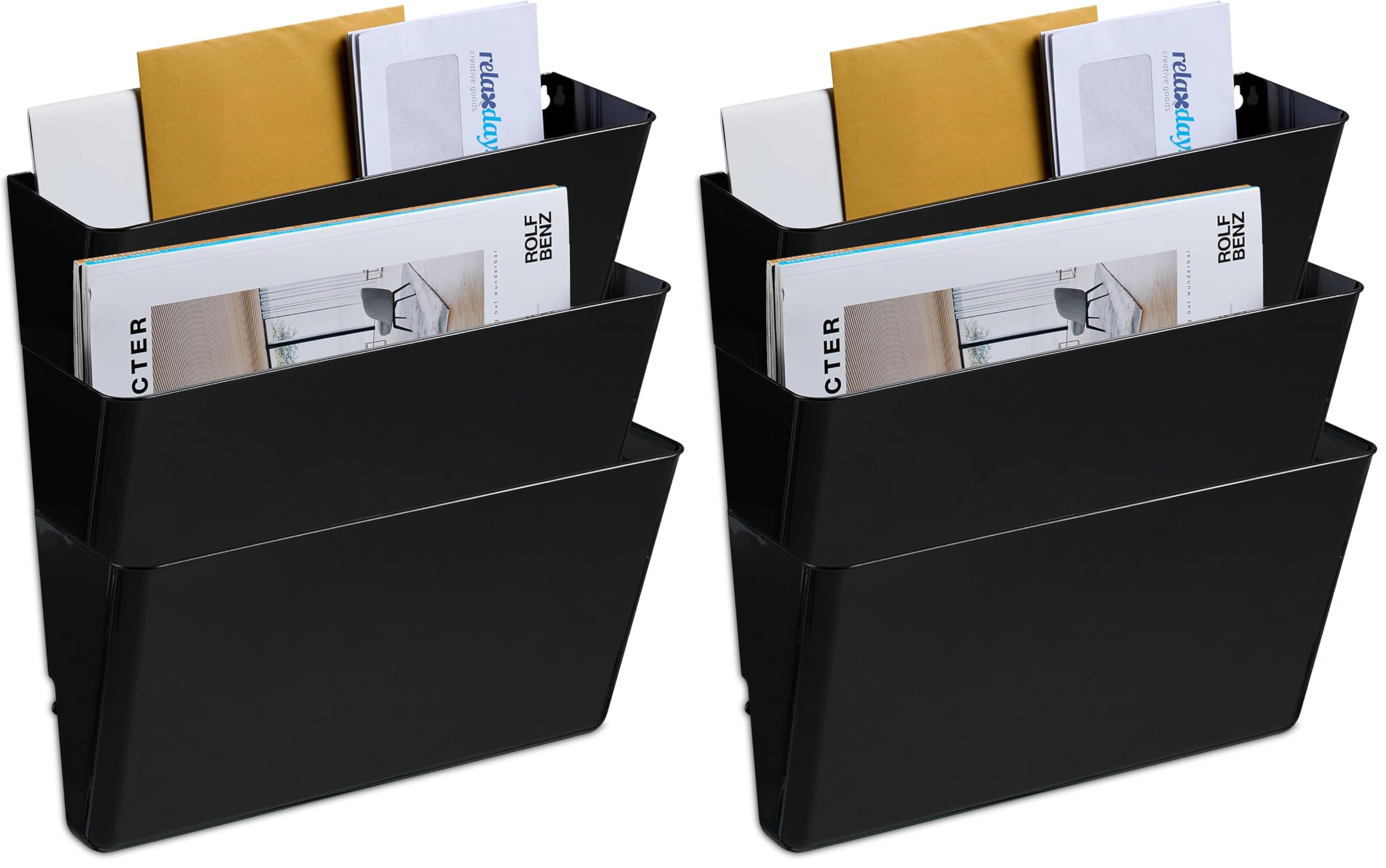 Relaxdays Zeitschriftenhalter Wand, 3er Set, A4, Kunststoff, HBT: 19x33x10,5 cm, Magazinhalter, Zeitungshalter, schwarz (Packung mit 2)