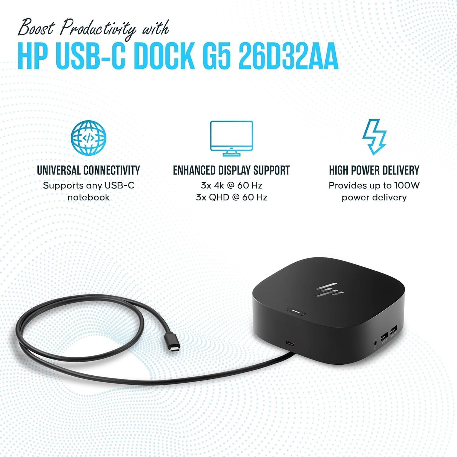 26D32AA HP USB-C Dock G5 - Docking Station for Laptop Dual Monitor and Charging - with 120W, HDMI Cable, DisplayPort Cable & Microfiber Cleaning Cloth - Dock G5 Station image 4 of 6 B0DDKVQDZS