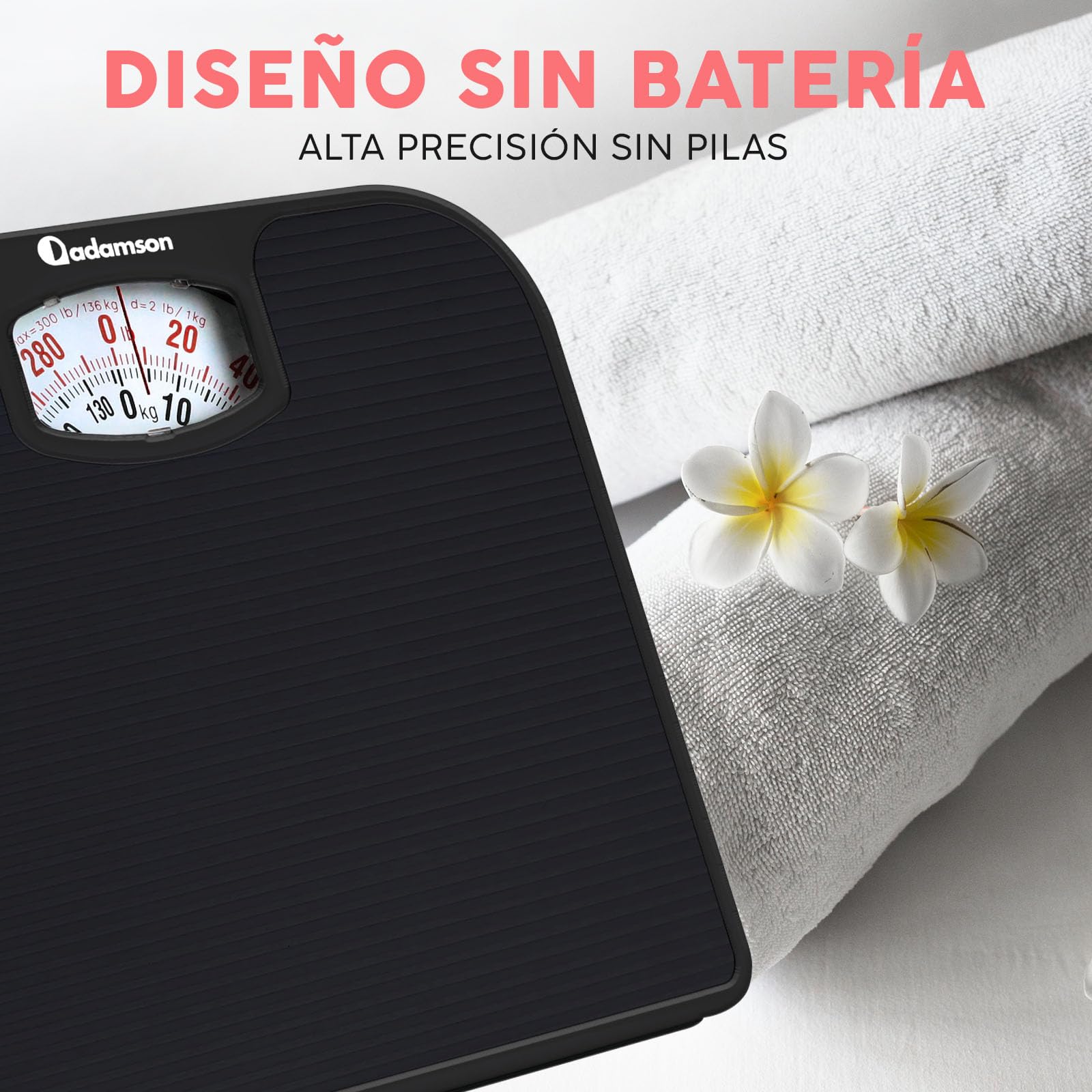 Adamson A21 Bascula de Baño Analogica - Hasta 136 KG - Superficie de Goma Antideslizante - Bascula Analogica - Duradera Con Garantía de 20 Años - Negro Completo