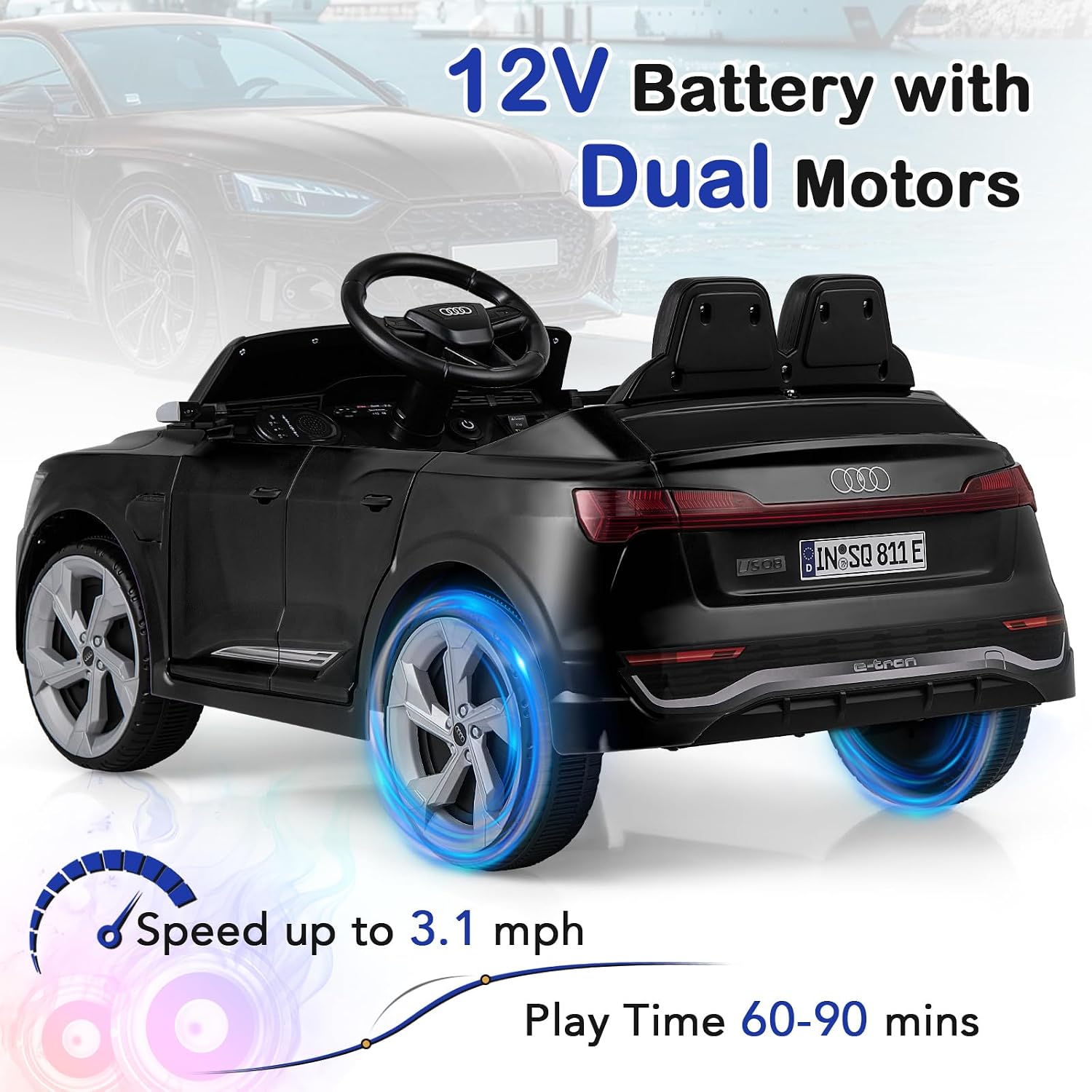 Licensed Audi SQ8 Ride on Car by OLAKIDS, 12V Kids Electric Vehicle with Remote Control, Toddlers Battery Powered Toy with 3 Speeds, Wheels Suspension, Music (Dark)