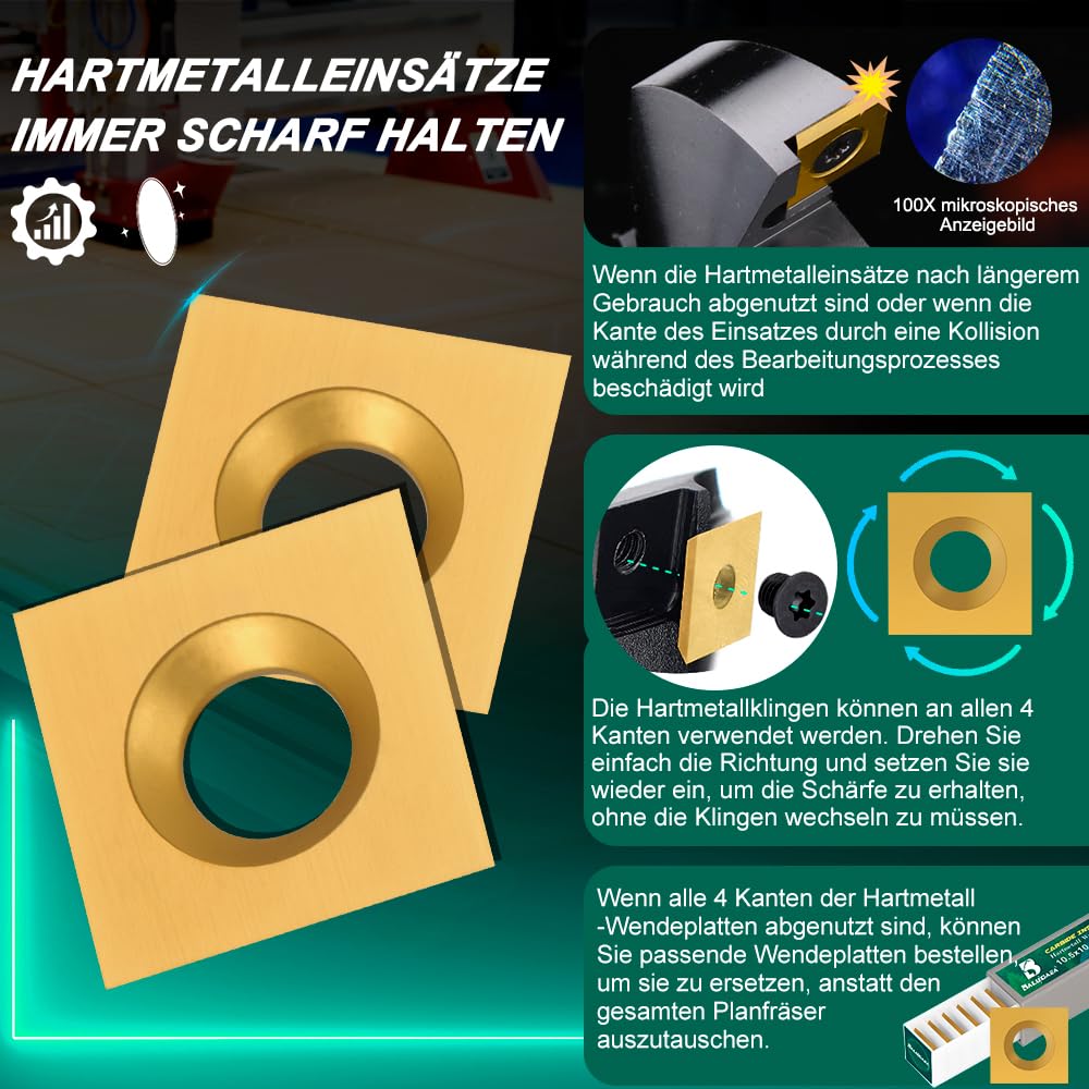 Lot de 10 inserts HM Burin de rabotage 10,5 x 10,5 x 2,2 mm-35 ° Plaquettes carrées en carbure pour fraise à affleurer pour outils de tournage à bois Lame de rechange