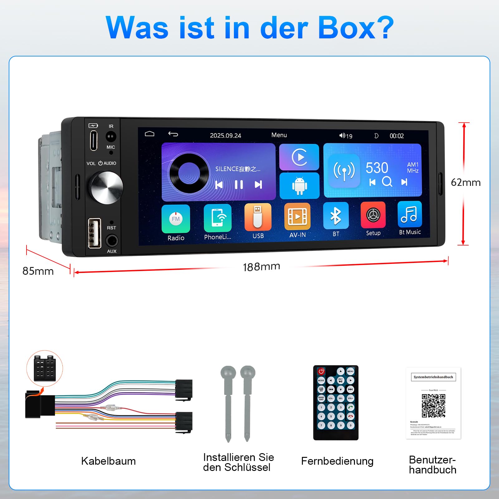LEROAADZ 1 Din Autoradio mit Bildschirm Kompatibel mit Wireless CarPlay & Android Auto, 6,28 Zoll 1Din Car Radio with Carplay Display, Bluetooth, AM/FM RDS, USB/Typ-C, Aux-Eingang, Mirror Link