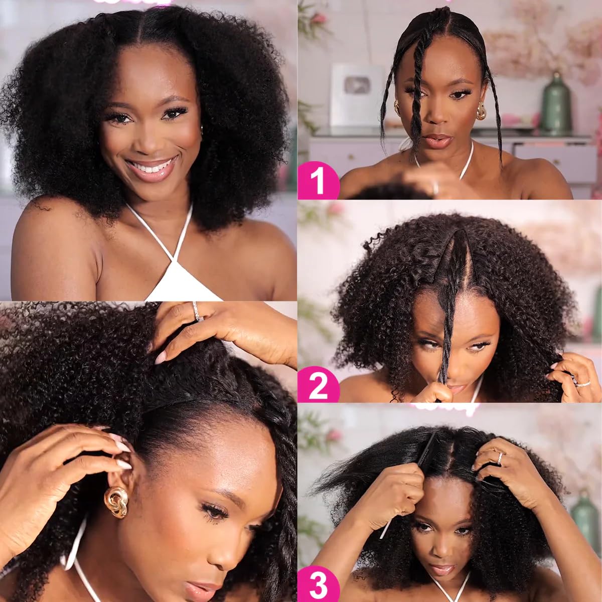 ISEE Afro Curly V Part Human Hair Wig Invisi-Fit Strap 180% Density Upgrade U Part Drawstring Wig No Leave Out Glueless Clip In Half Wig for Women Beginner Friendly Natural Black 18 Inch