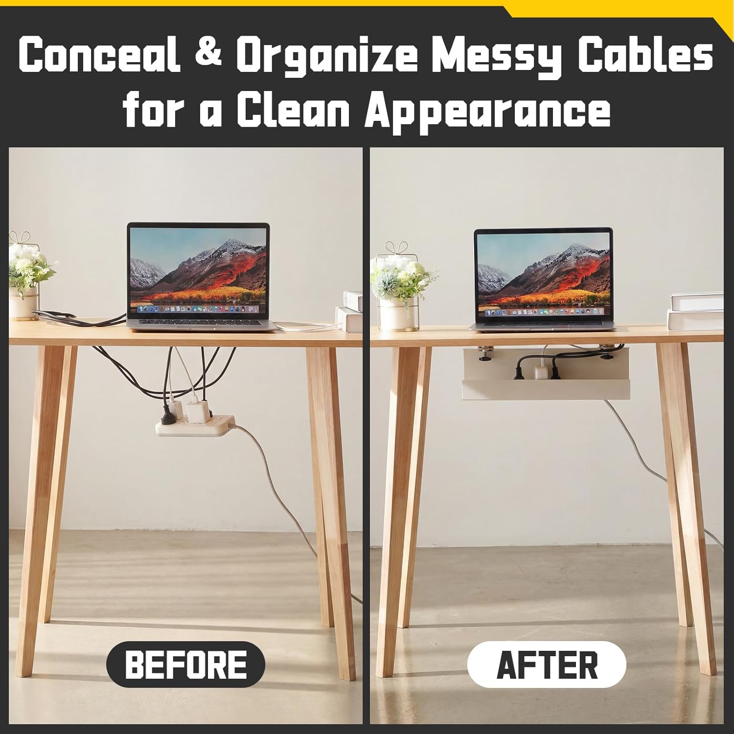 16×5×3 Inch No Drill Clamp-on Power Strip Cable Management Tray Under Standing Desk Steel Cable Organizer Wire Cord Tamer for Office, Home, Garage(White)