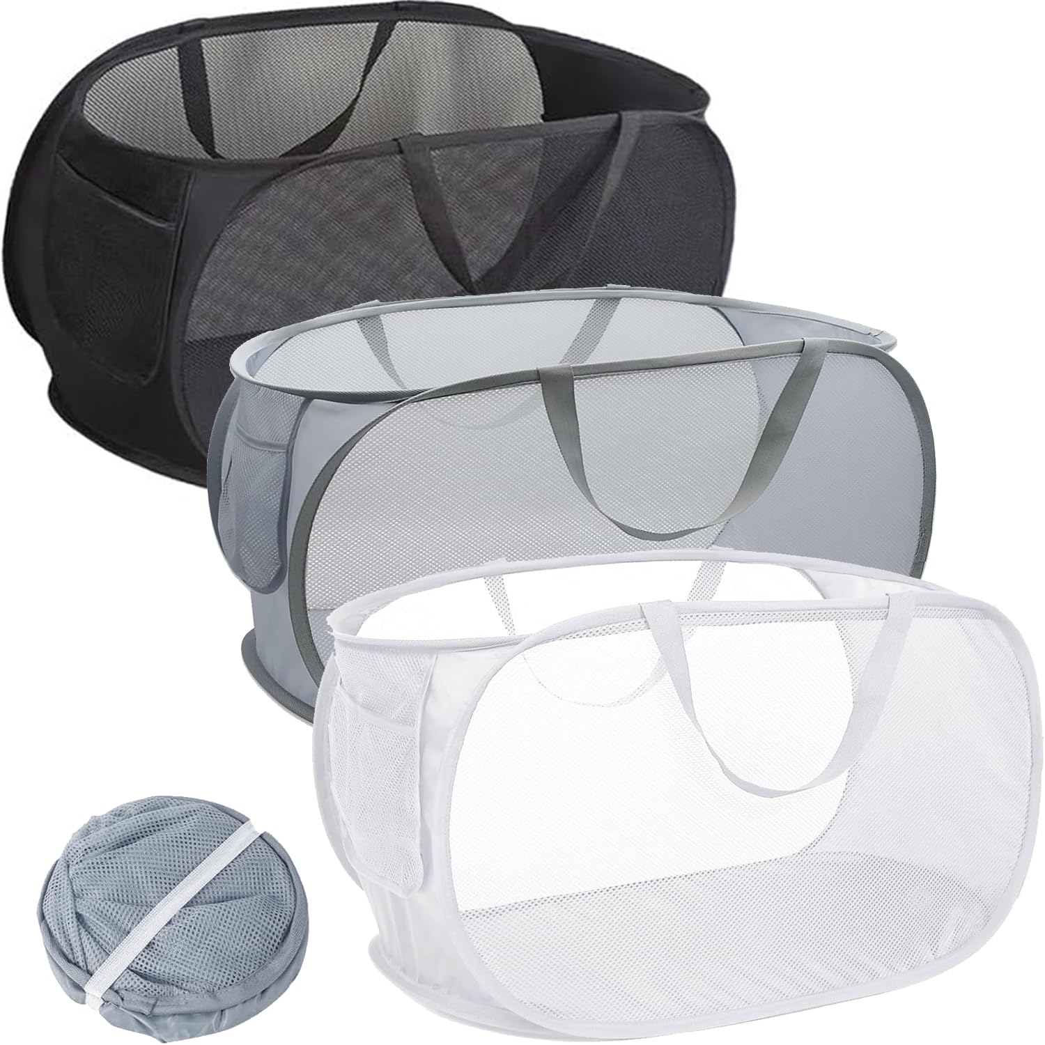 3 Pack Collapsible Laundry Baskets – Mesh Pop Up Laundry Basket Hamper with Reinforced Handles & Side Pocket, Foldable Clothes Basket for Bathroom, Bedroom, Dorm, Travel