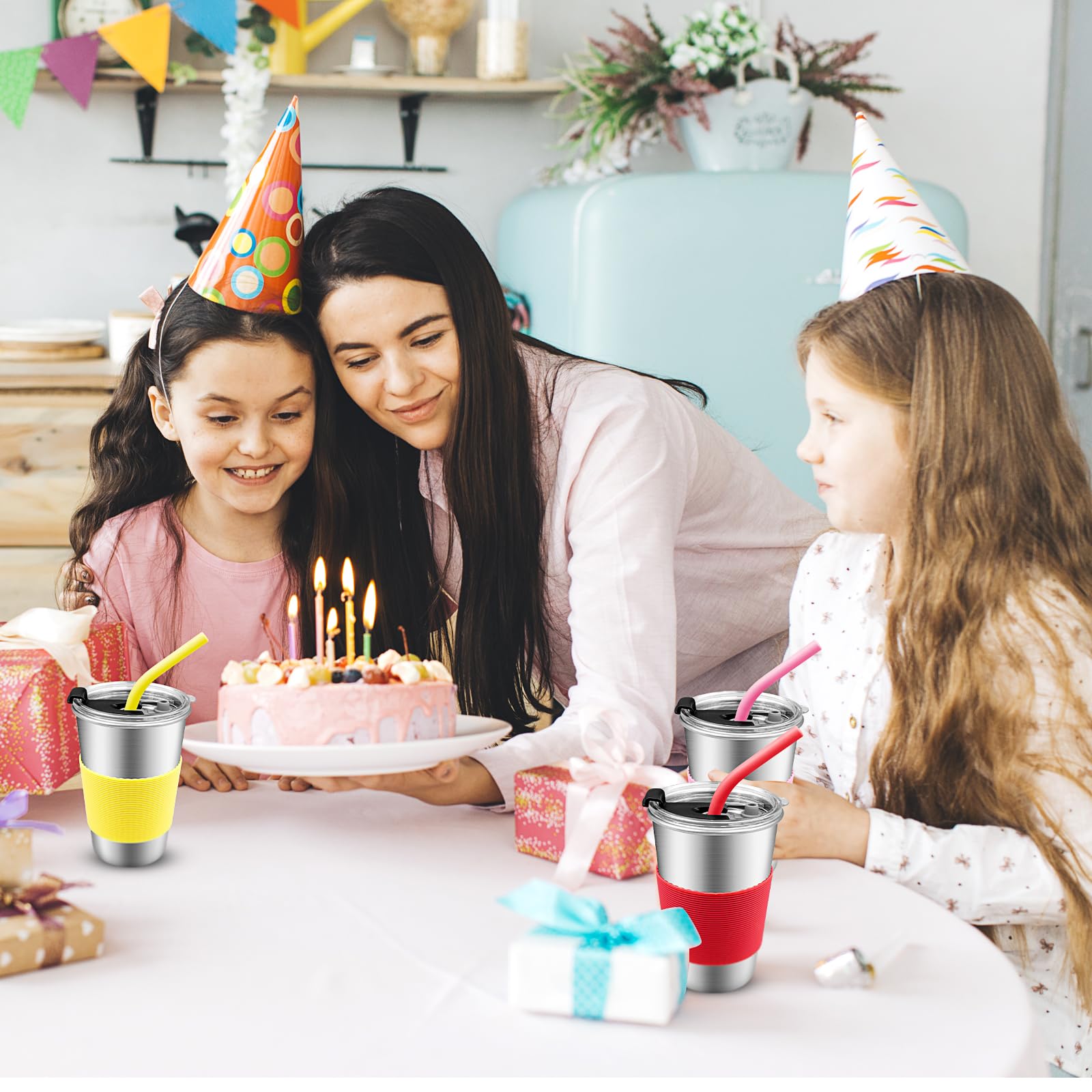 10 Stück Edelstahl Trinkbecher mit Deckel und Silikonstrohhalmen, 500 ml Kinder Edelstahl Trinkbecher, Trinkbecher mit Deckel für Schulanfang, Alltag, Büro und Zuhause
