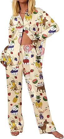 Ekouaer Womens Satin Silky Pajama Set 2 Piece Print PJs Soft Loungewear Button Down Sleepwear with Elastic Waist Long Pants