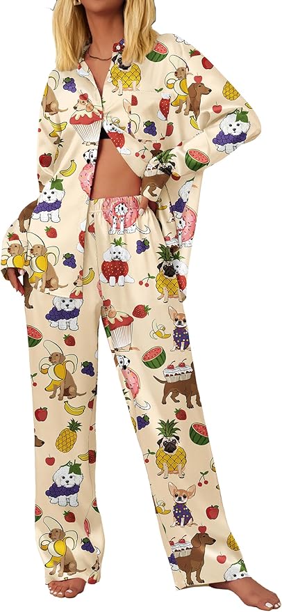 Ekouaer Womens Satin Silky Pajama Set 2 Piece Print PJs Soft Loungewear Button Down Sleepwear with Elastic Waist Long Pants