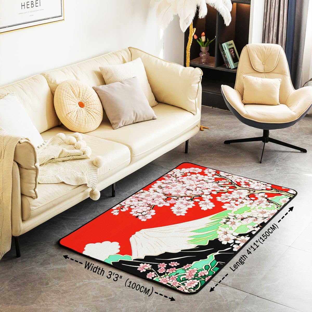 Homewish Kwiat wiśni dywan 100 x 150 cm do sypialni - japoński styl dywany Ukiyo salon Sakura Mount Fuji wzór nie gubi dywan, Groovy Flower Floral Duże dywany