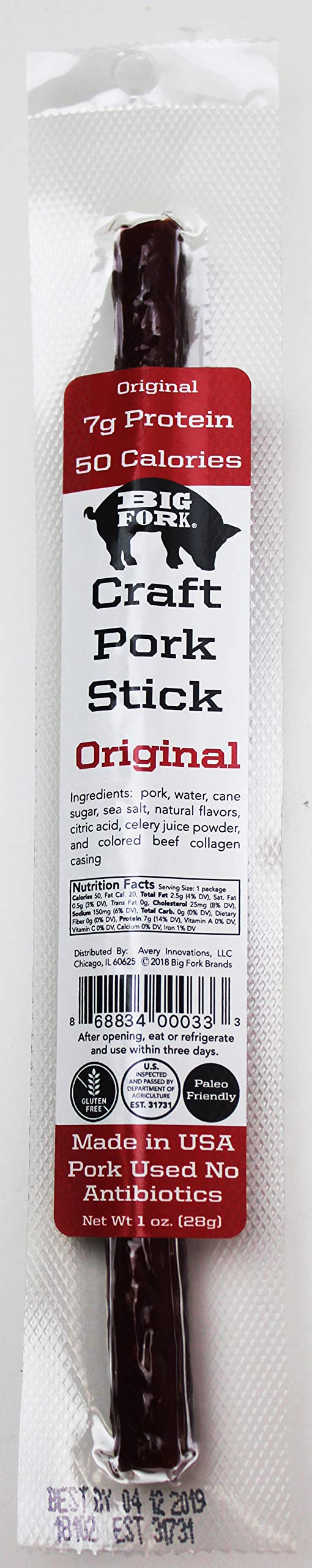 Gourmet Berkshire Pork Snack Sticks - Big Fork Premium Heritage Meat | Wagyu Quality Antibiotic Free | Keto Paleo Friendly | 7g Protein 50 Calories | Gluten-Soy-Nitrate-Free | Original Flavor 6 x 1oz Individually Wrapped | Iowa Raised
