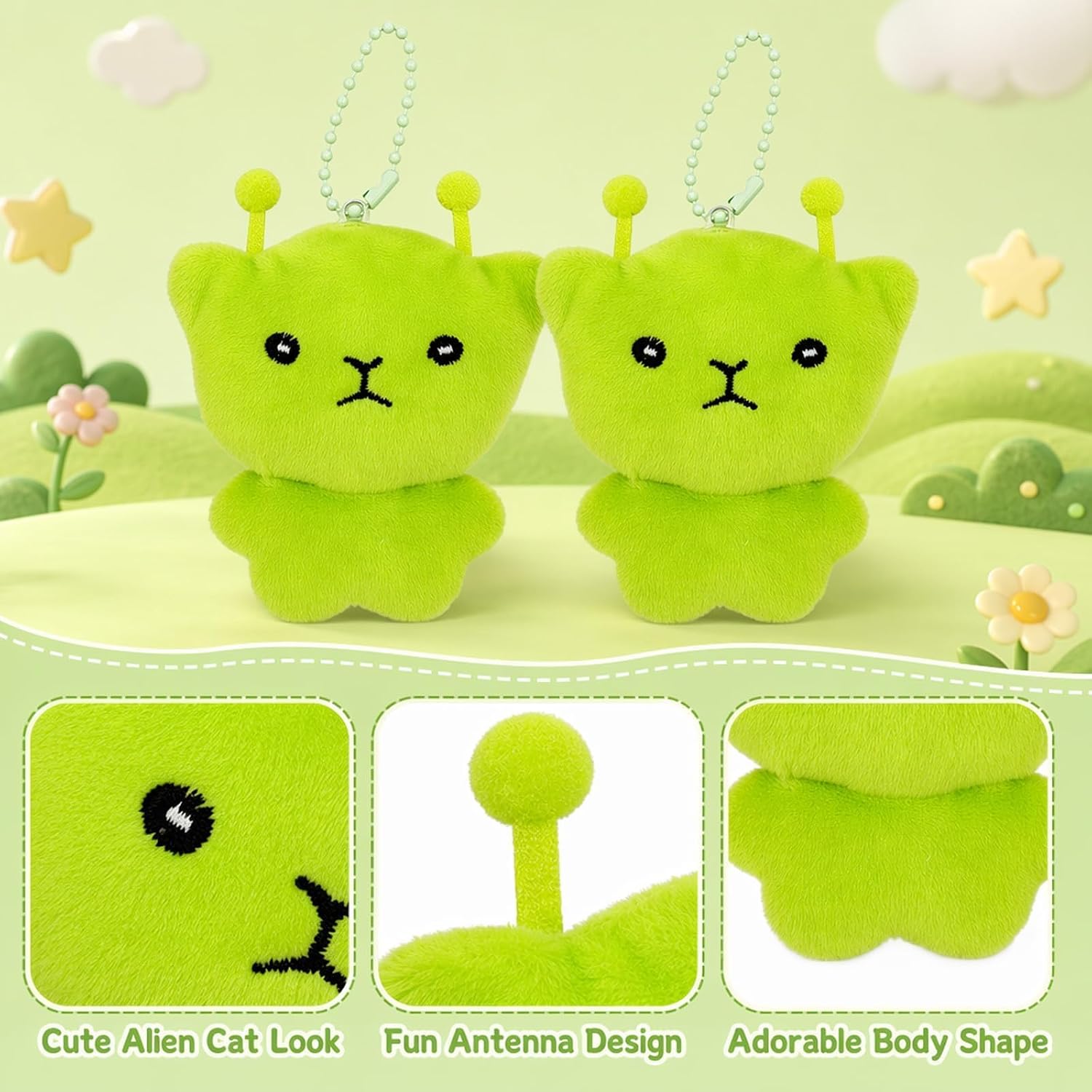 2 Pack Alien Cat Keychain, Alien Cat Plush Accessories for Backpacks and Keys, Cute Green Alien Cat Charms for Teens and Young Adults, Personalized Gifts for Birthdays and Holidays image 3