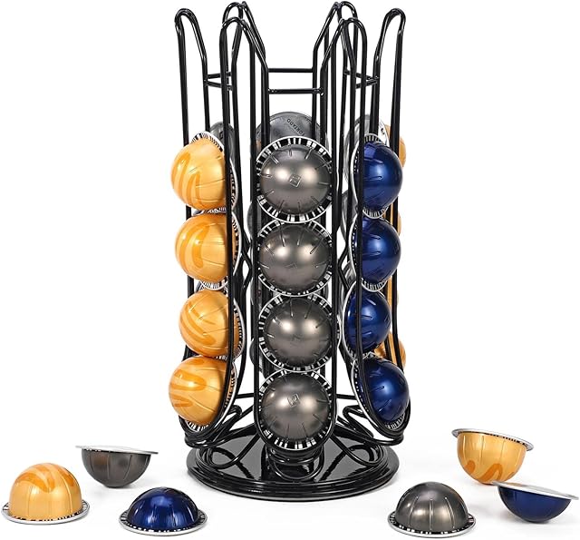 Vinsani 30 Coffee Pod Holder for Nespresso Vertuo Vertuoline Pods Capsules Rotating 6 Stand Coffee Pods Storage Rack Stand Large Capacity Pod Revolving Storage Stand Organiser  Black