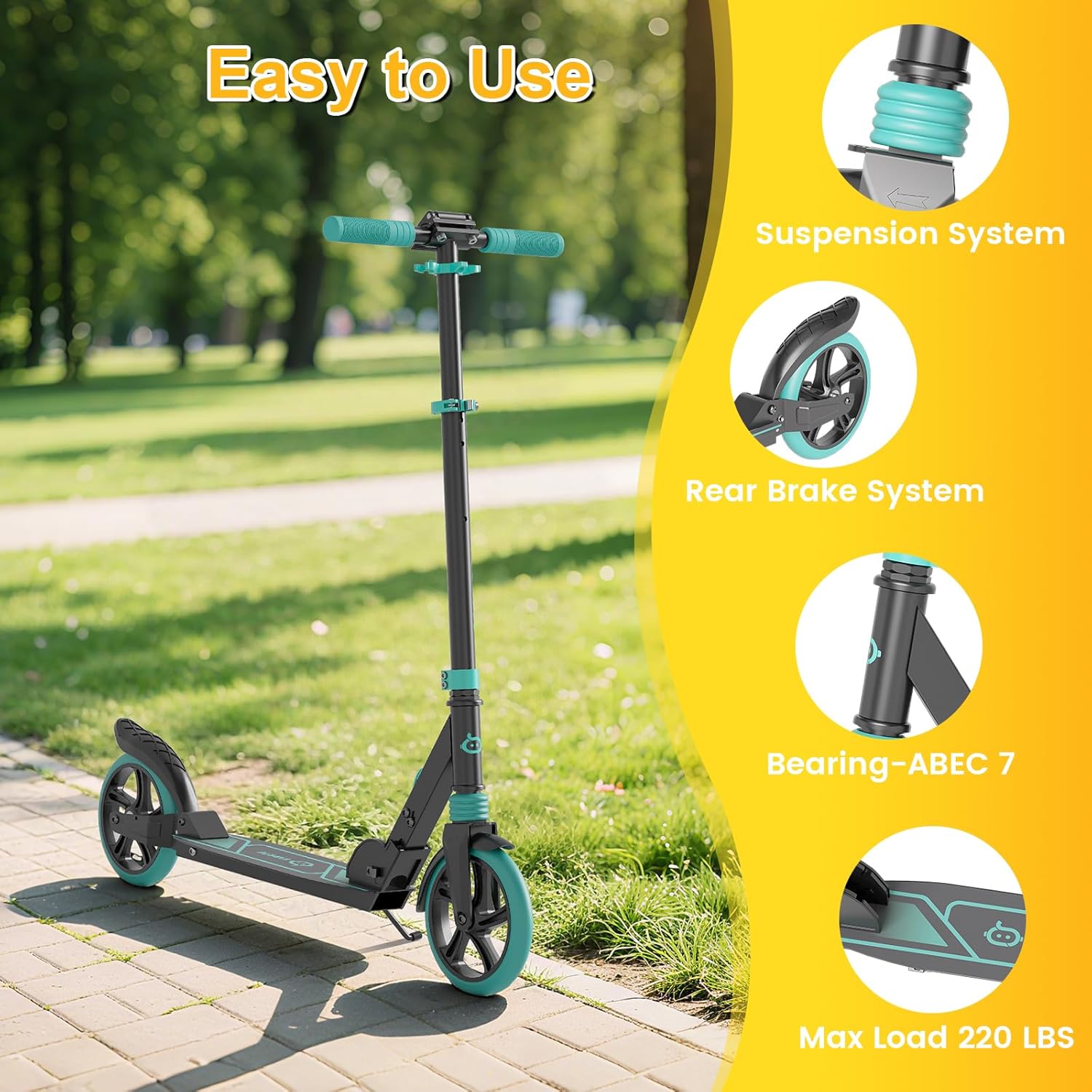 SIMATE Kick Scooter for Kids Teens & Adults, 3 Adjustable Heights, 8IN All Terrain Big Wheels, Dual Suspension, Foldable and Lightweight, Gifts for Girls Boys